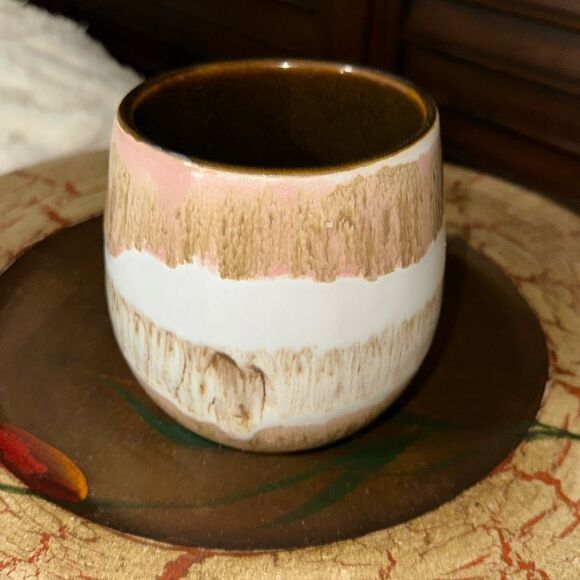 Chubby White Hand painted Mug with a handle Brown White Tan Pink Ivory - Picture 3 of 6
